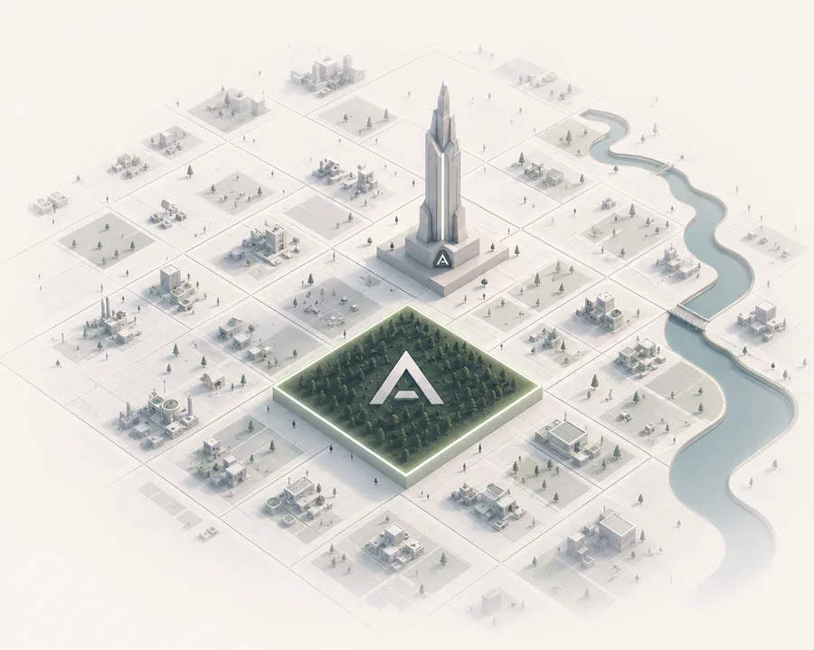 Isometric illustration of the Arc Tower and city grid